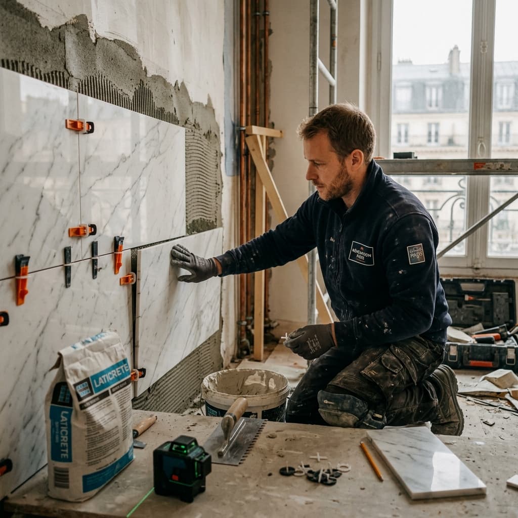 Carreleur UPOQ en cours de pose dans une salle de bain