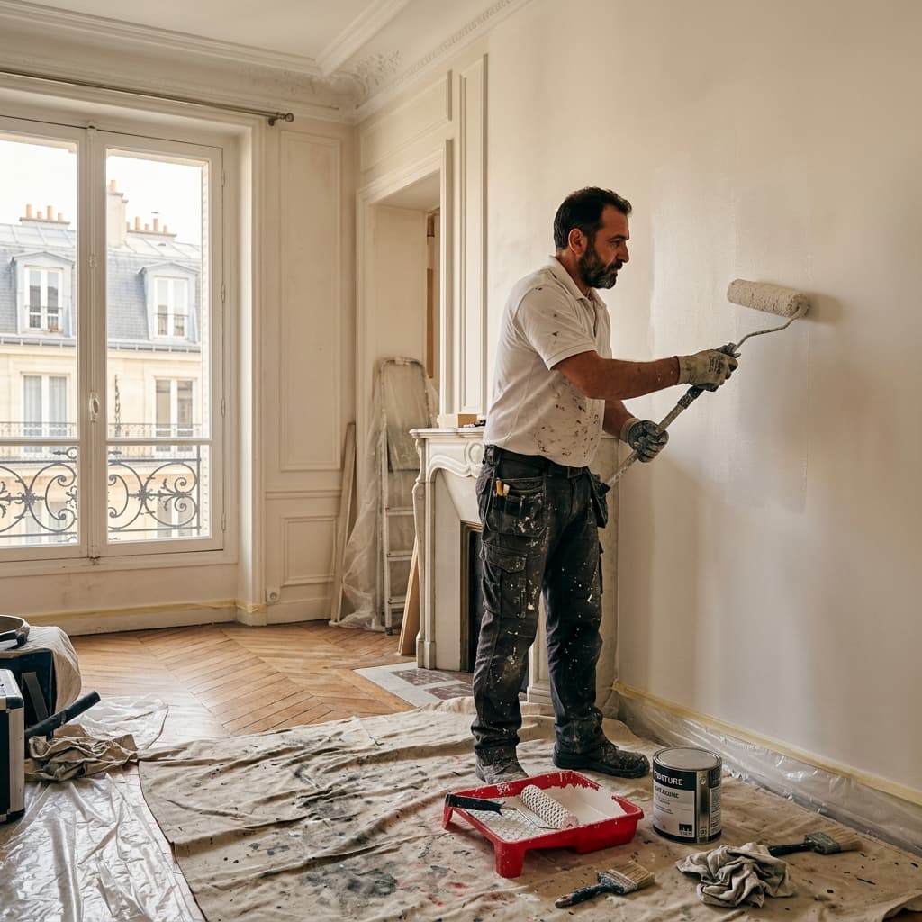 Peintre UPOQ en finition sur un chantier parisien