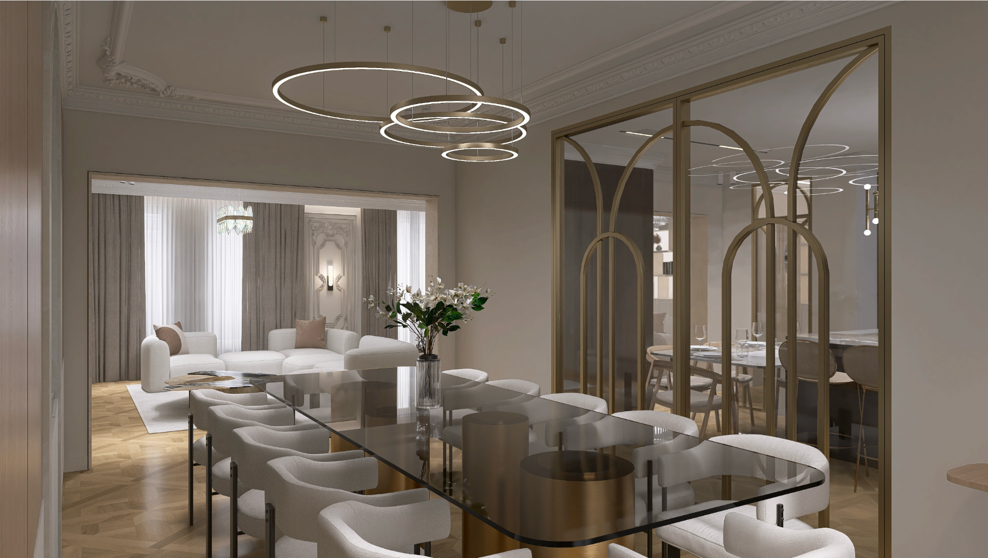 Salle à manger moderne avec table verre Neuilly Boulevard Bineau