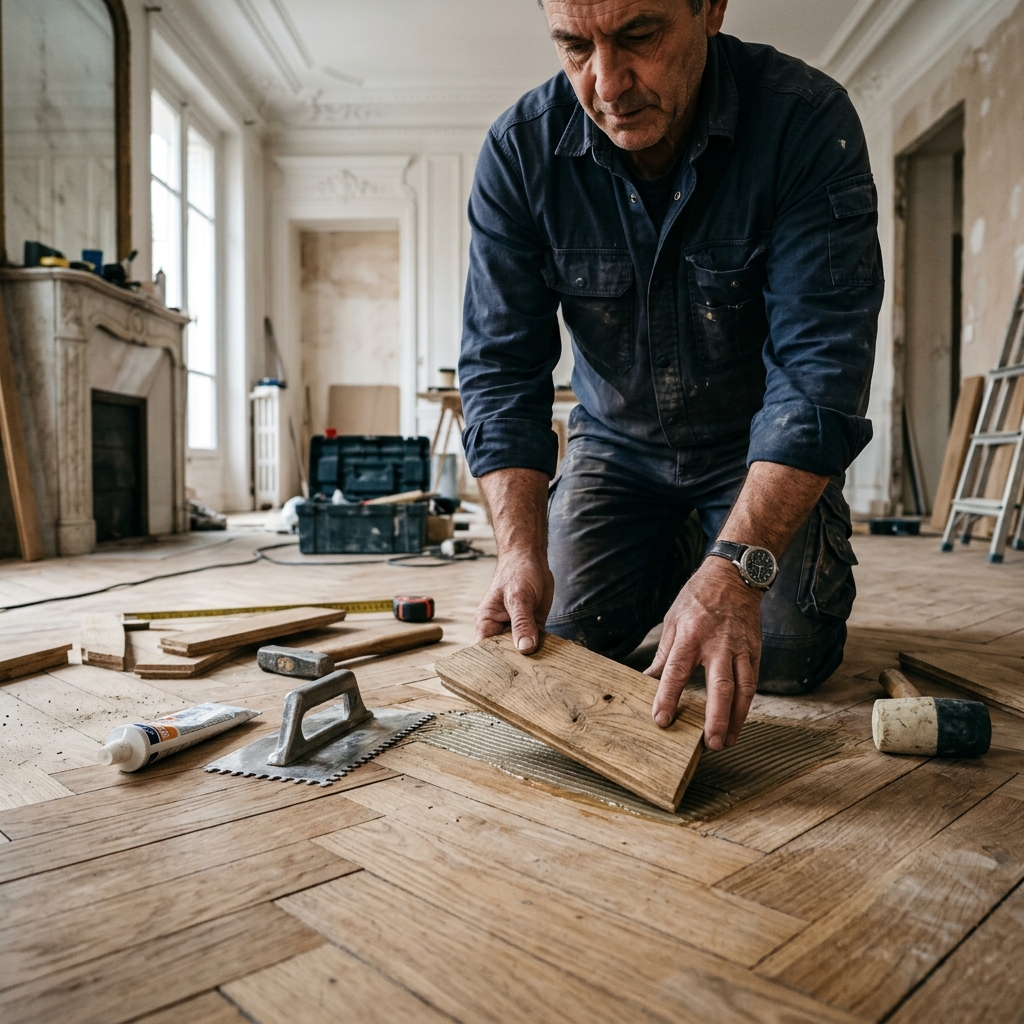Artisan parqueteur UPOQ posant du parquet en chêne massif à Paris 14
